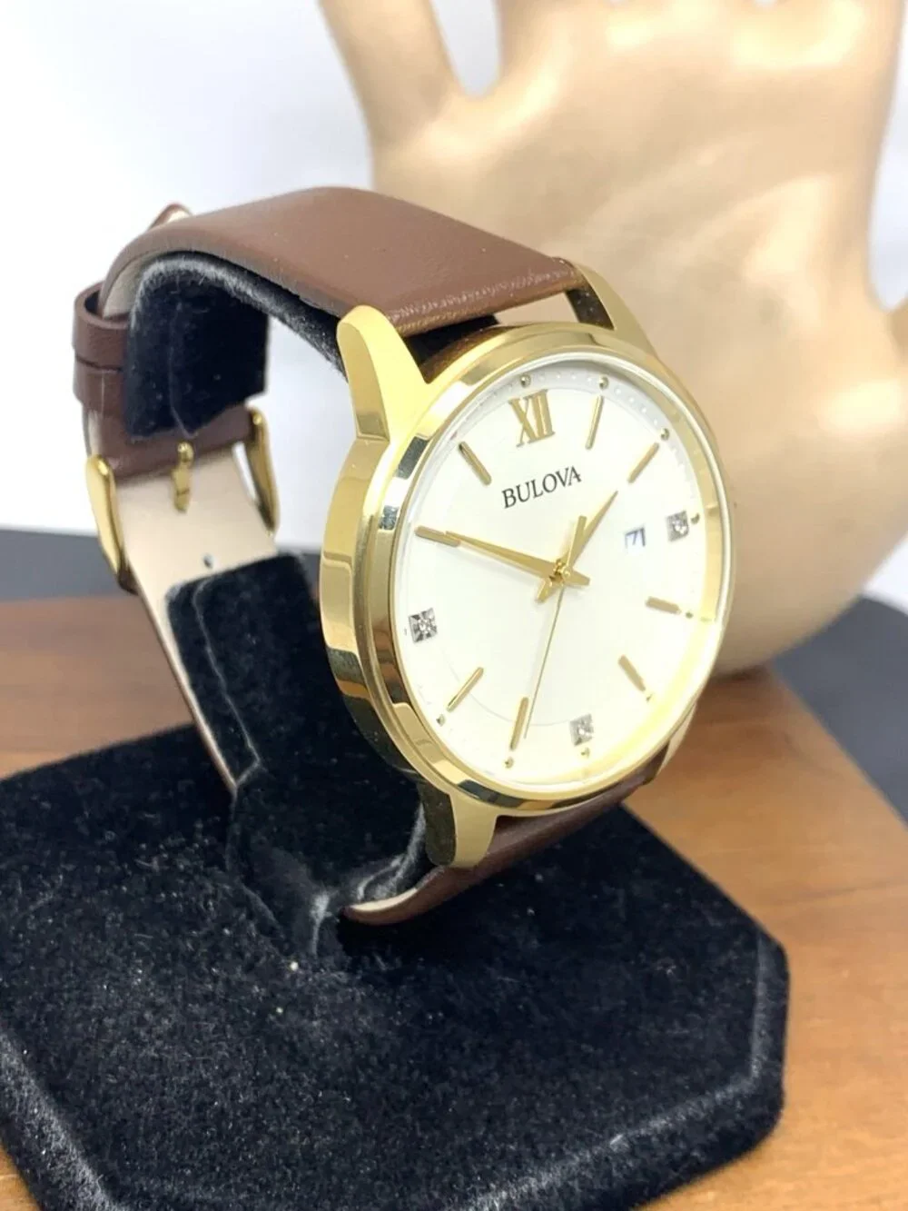 Bulova Men's Watch 97D125 Quartz Diamond Accent Gold Steel Brown Leather 41mm